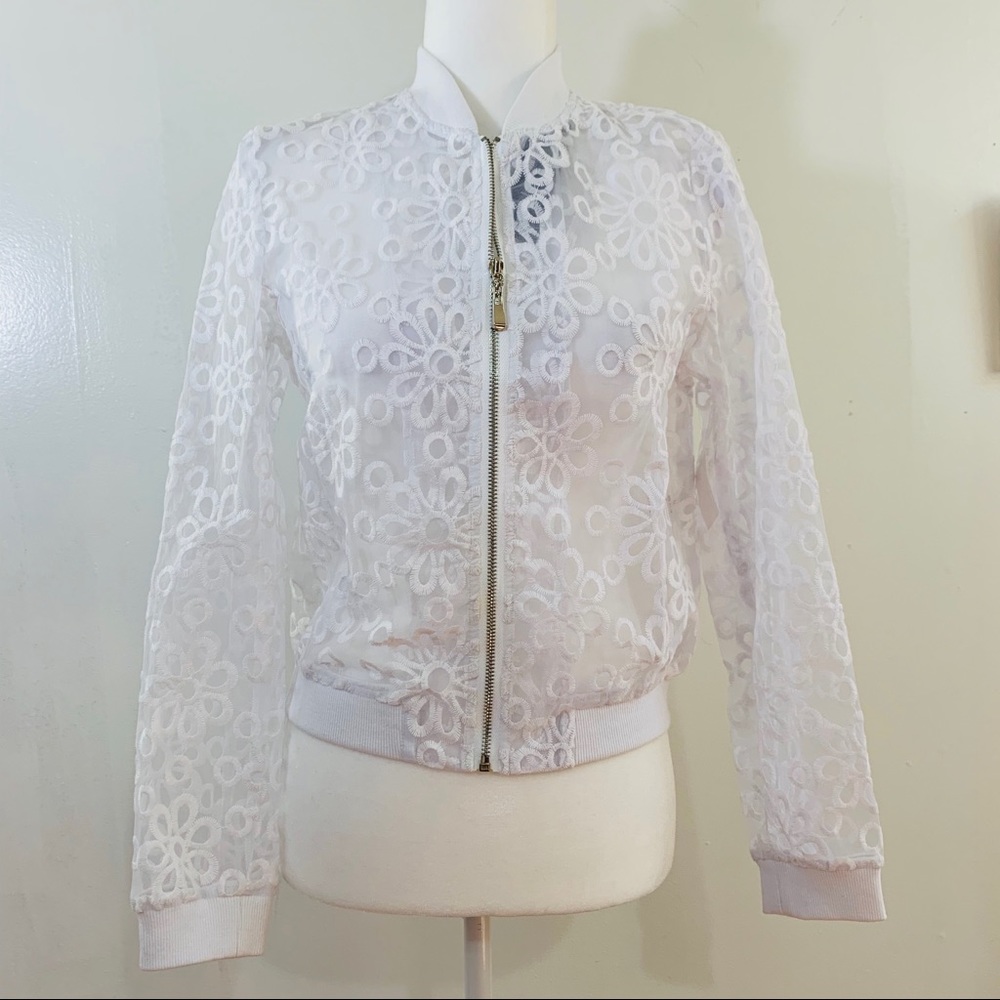 Fate White Floral Lace Bomber Jacket